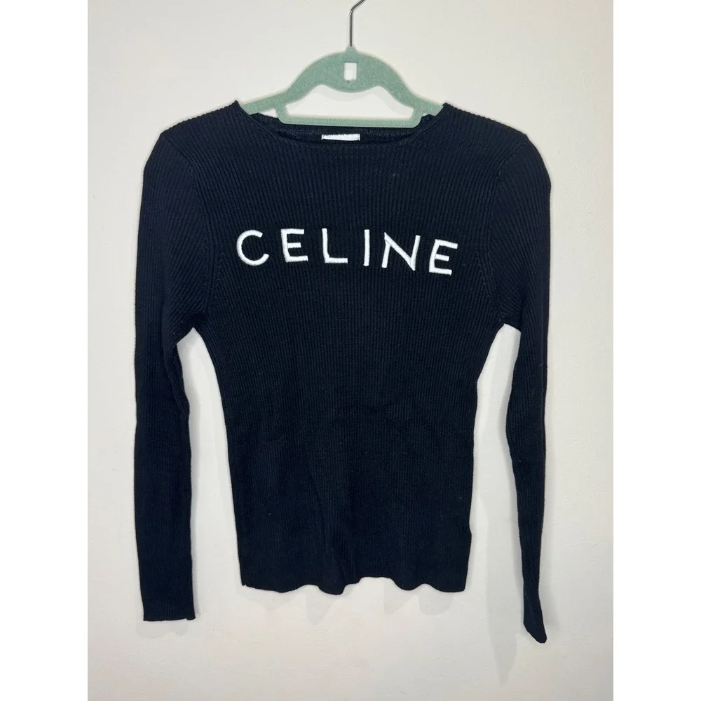 Celine Ribbed Long Sleeve Top Sweater Sz S Black Embroidered Logo Cotton Wool
